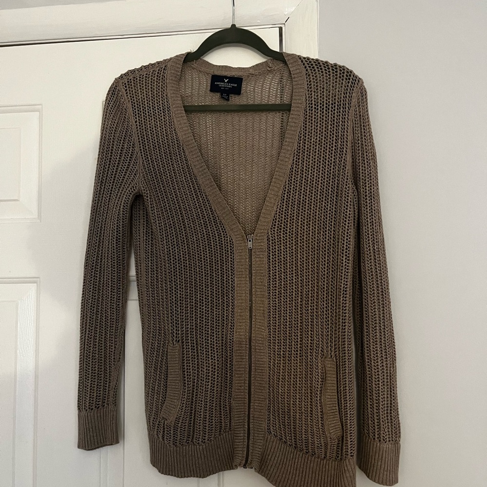 American Eagle Outfitters Taupe Knit Zip Cardigan